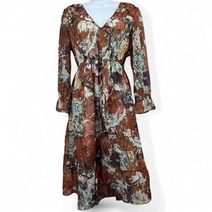 Anthropologie Hemant & Nandita Zeri Peasant Dress 10 Brown Floral Boho Cottage